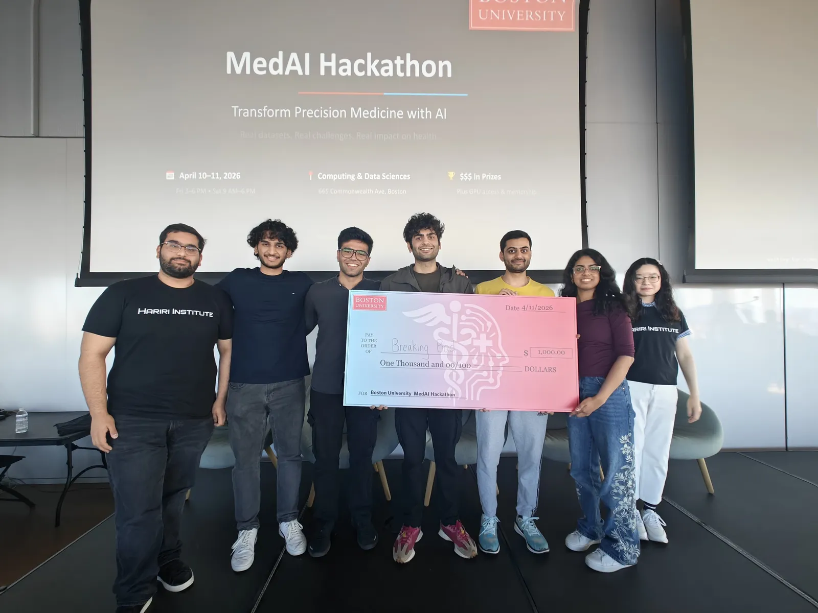 The VI-LUAD team on stage at the MedAI Hackathon after their win.